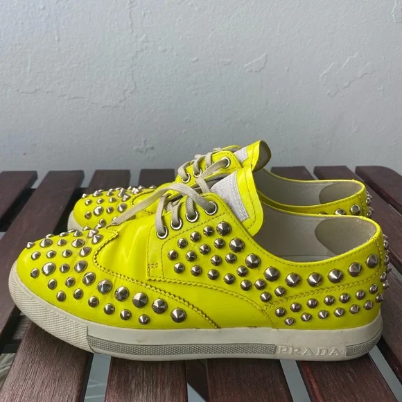 Prada studded neon yellow sneakers sz 37 - Picture 6 of 11